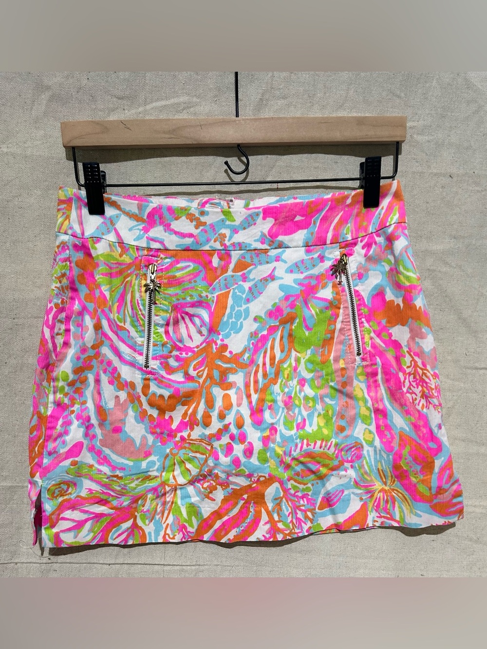 Lilly Pulitzer fully lined marigold skort in Scuba to Cuba print.
